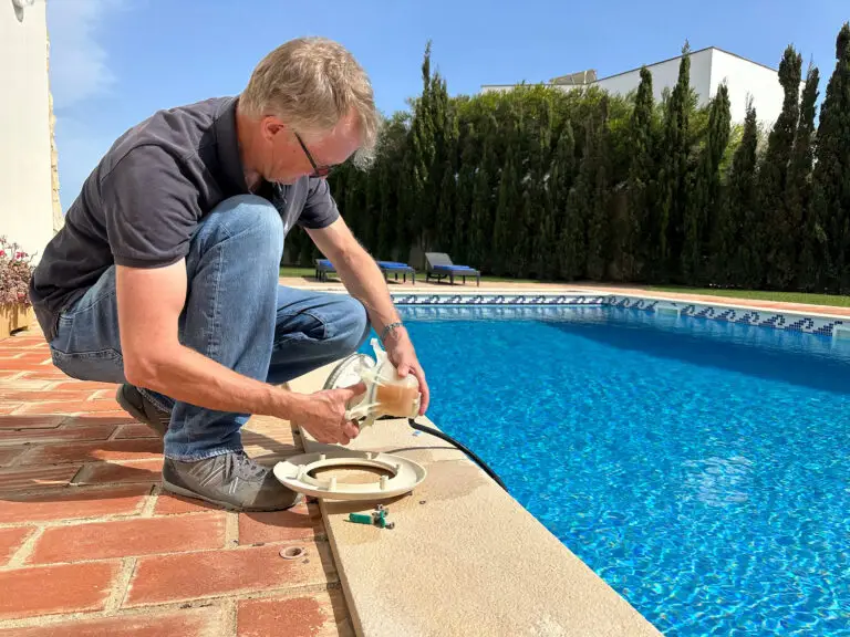 Pool service technician using ServiceBridge app for route management, chemical tracking, and customer billing