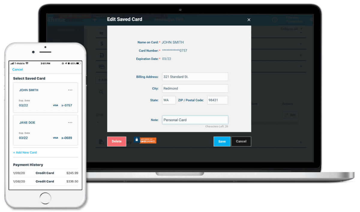ServiceBridge saved payment cards interface