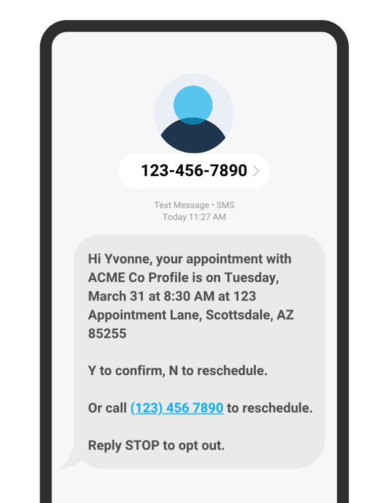 SMS appointment reminder from ACME Co Profile confirming a Tuesday, March 31 appointment at 8:30 AM in Scottsdale, Arizona, with options to reply Y to confirm, N to reschedule, call a phone number, or reply STOP to opt out.