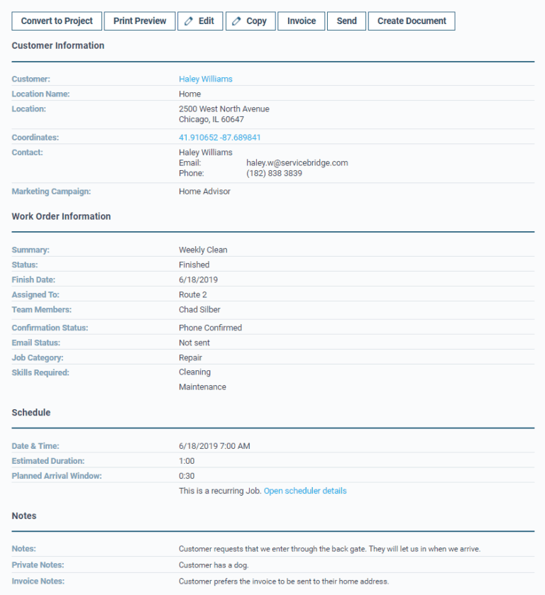 Detailed work order information screen in ServiceBridge